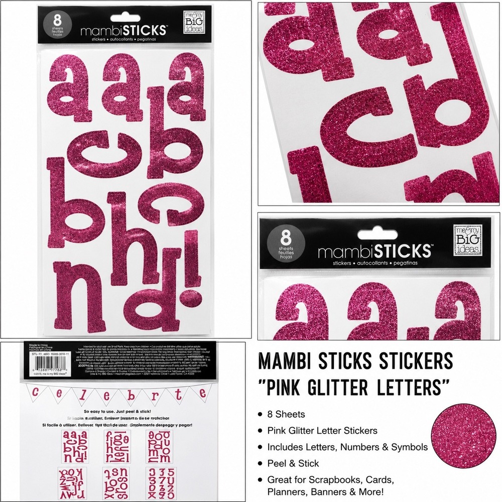 Mambi Sticks Pink Glitter Letter Stickers 8 Sheets Alphabet Numbers STL-11
